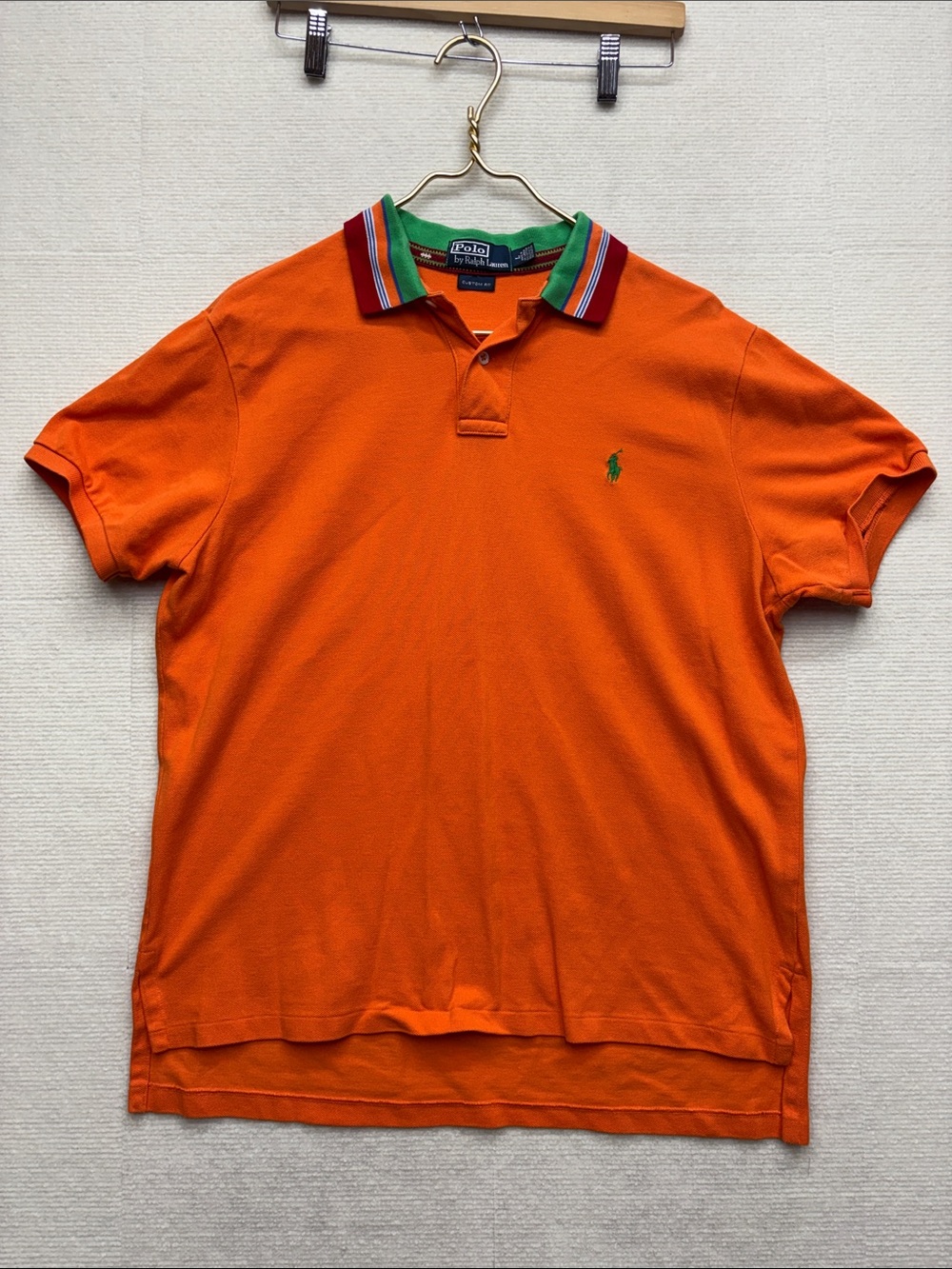 Polo by Ralph Lauren | large Orange Polo with Green Pony and Striped Collar